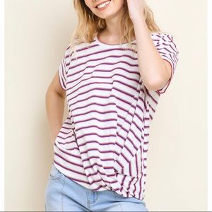 Striped Short Sleeve Top with Gathered Detail